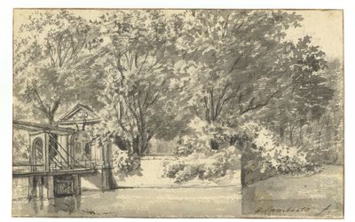 Stichtse Vecht — HUA-201681-Gezicht op de met bomen begroeide binnenplaats en de ophaalbrug met de toegangspoort van het kasteel Nijenrode bij BreukelenNB Het kasteel heeft tegen.jpg