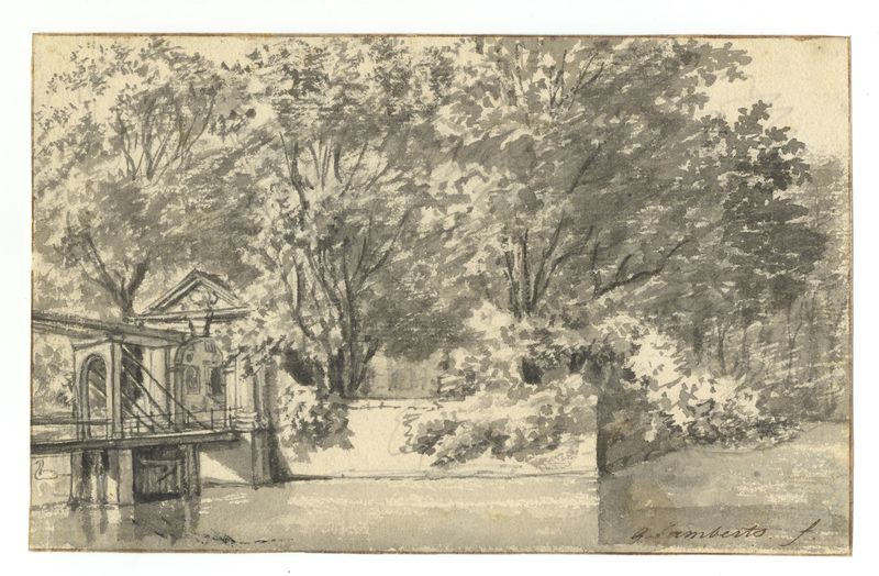 Stichtse Vecht — HUA-201681-Gezicht op de met bomen begroeide binnenplaats en de ophaalbrug met de toegangspoort van het kasteel Nijenrode bij BreukelenNB Het kasteel heeft tegen.jpg